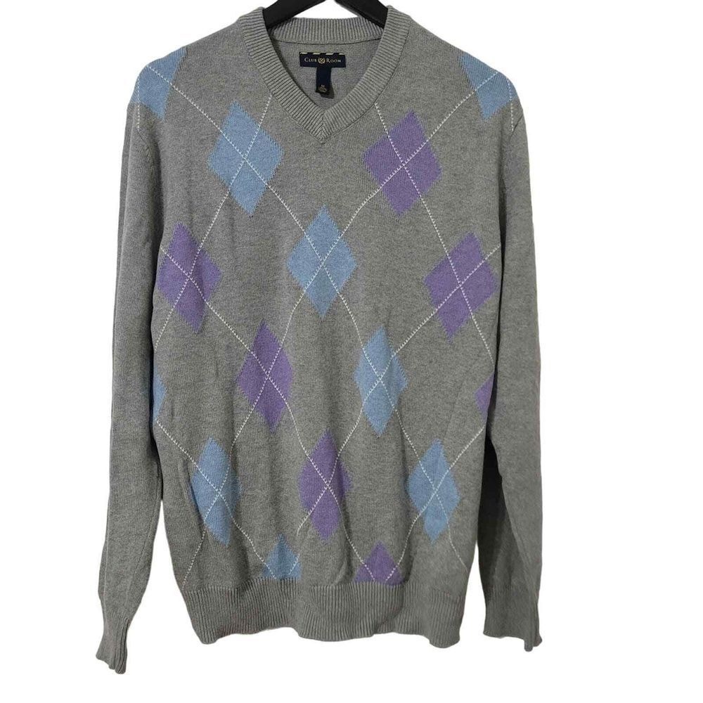 Club Room Mens Argyle V-Neck Sweater Pullover Gray Academia Preppy‎ Office M